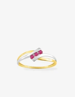 Bague or jaune 750 ‰, rhodium et trio de rubis SO OR
