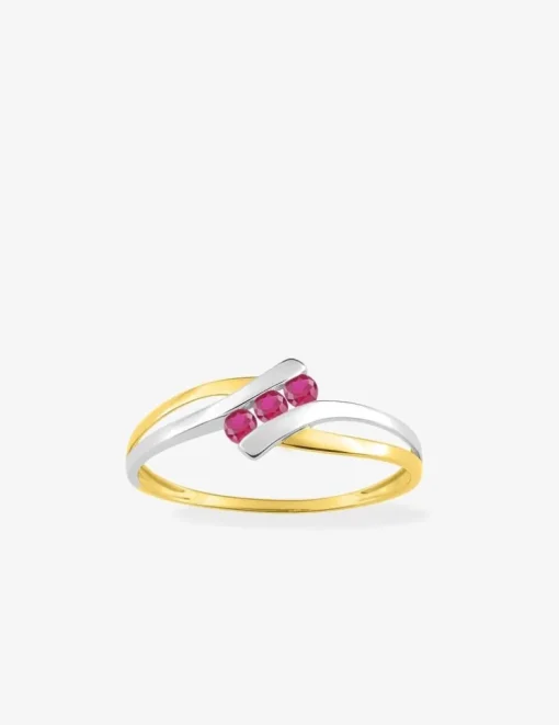 Bague or jaune 750 ‰, rhodium et trio de rubis SO OR