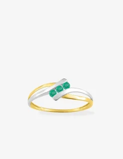 Bague or jaune 750 ‰, rhodium et trio d'émeraudes SO OR
