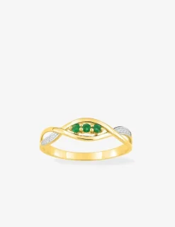 Bague or jaune 375‰, rhodium et trilogie émeraudes SO OR