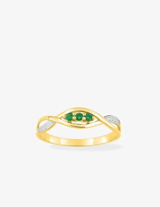 Bague or jaune 375‰, rhodium et trilogie émeraudes SO OR