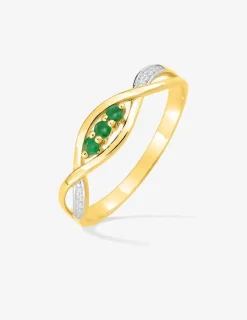 Bague or jaune 375‰, rhodium et trilogie émeraudes SO OR