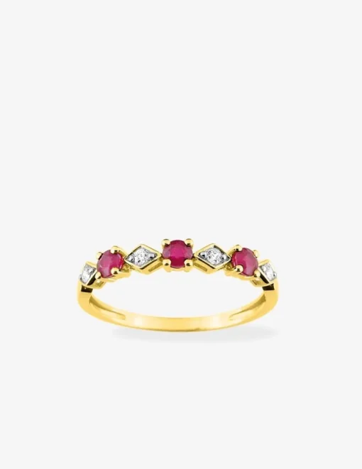 Bague or jaune 375‰, rubis ronds et oxydes de zirconium losanges SO OR