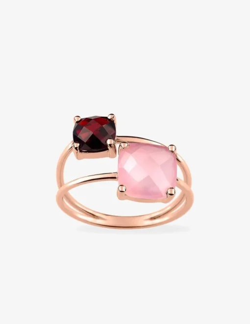 Bague or rose 750 ‰ grenat et calcédoine rose SO OR