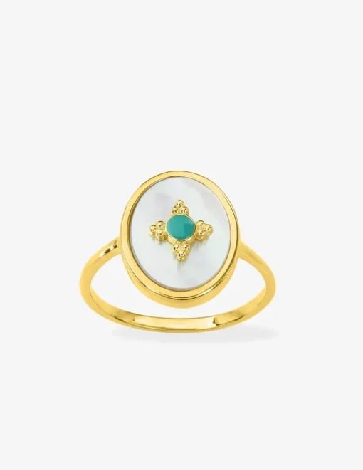 Bague plaqué or, ovale nacre et laque bleue SO OR