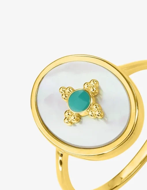 Bague plaqué or, ovale nacre et laque bleue SO OR