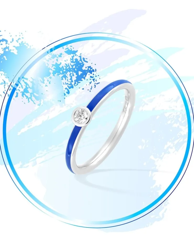 Bague Promesse Or blanc 375‰, laque bleue et oxyde de zirconium SO OR