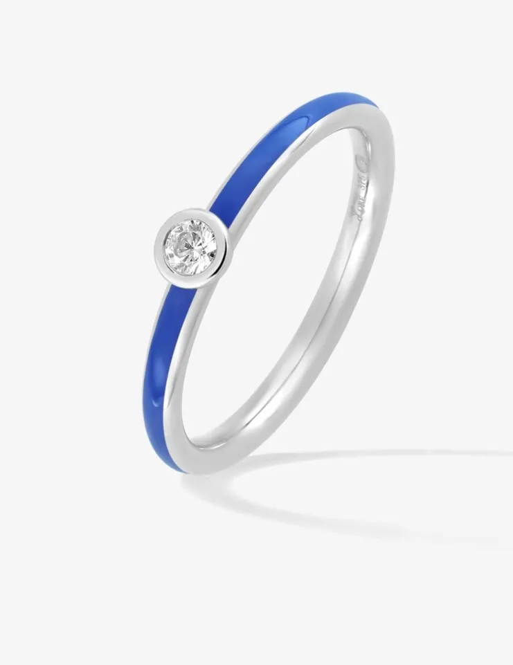 Bague Promesse Or blanc 375‰, laque bleue et oxyde de zirconium SO OR