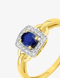 Bague rectangle or jaune 375‰, rhodium, saphir et oxydes de zirconium SO OR