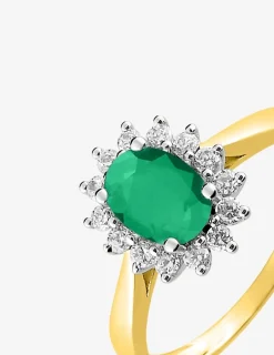 Bague soleil or jaune 750‰, émeraude, oxydes de zirconium et rhodium SO OR