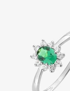 Bague solitaire accompagné fleur argent rhodié 925 ‰ et oxyde de zirconium vert SO OR