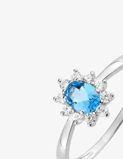 Bague solitaire accompagné fleur argent rhodié 925 ‰ et oxyde de zirconium bleu SO OR