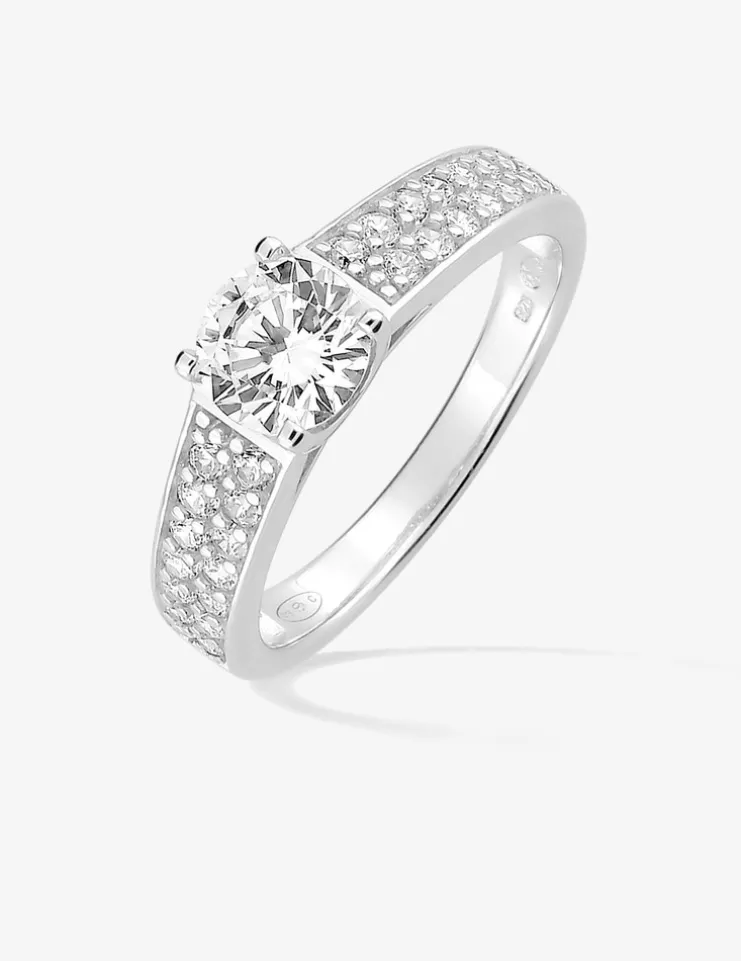 Bague solitaire accompagnée argent rhodié 925 ‰ et oxyde de zirconium 6 mm SO OR