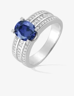 Bague solitaire accompagnée argent rhodié 925 ‰ et pavage oxyde de zirconium bleu foncé SO OR