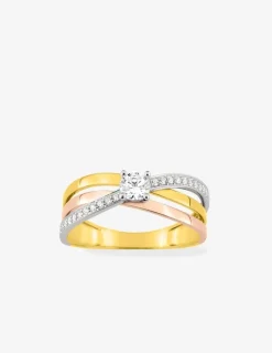Bague solitaire accompagnée 3 ors 375 ‰ oxyde de zirconium, rhodium SO OR