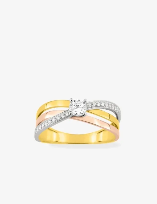 Bague solitaire accompagnée 3 ors 375 ‰ oxyde de zirconium, rhodium SO OR