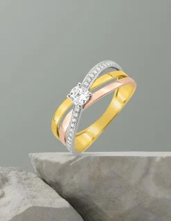 Bague solitaire accompagnée 3 ors 375 ‰ oxyde de zirconium, rhodium SO OR
