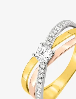 Bague solitaire accompagnée 3 ors 375 ‰ oxyde de zirconium, rhodium SO OR