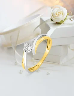 Bague solitaire fantaisie 4 griffes or jaune 375 ‰ oxyde de zirconium et rhodium SO OR