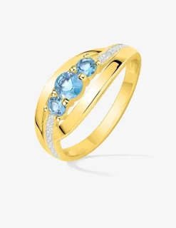 Bague trilogie fantaisie plaqué or, rhodium et oxydes de zirconium bleus SO OR