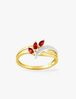 Bague trilogie feuilles plaqué or, rhodium et oxydes de zirconium rouges SO OR