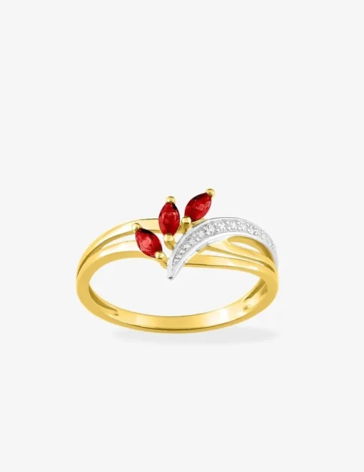 Bague trilogie feuilles plaqué or, rhodium et oxydes de zirconium rouges SO OR