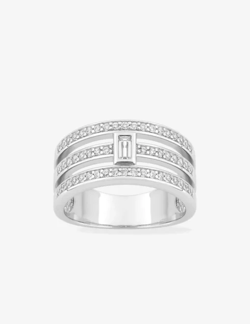 Bague triple anneau argent 925‰ rhodié et oxyde de zirconium baguette accompagné SO OR