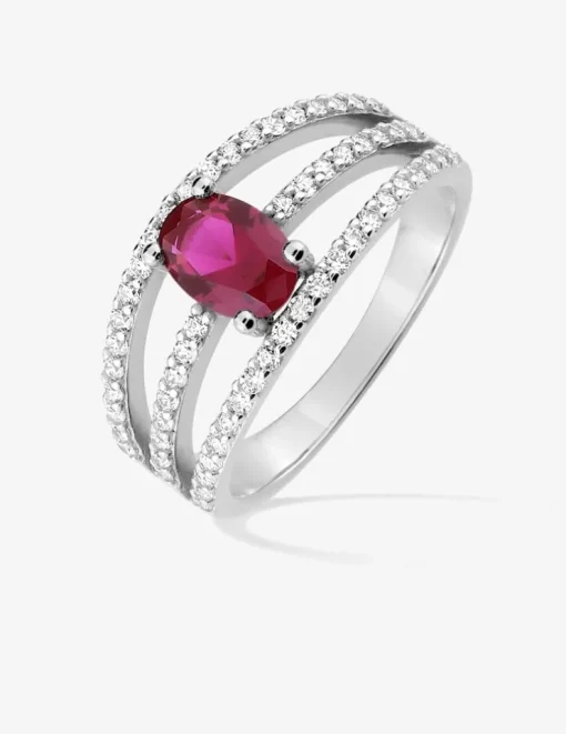 Bague triple anneau argent 925‰ rhodié et oxyde de zirconium rouge SO OR