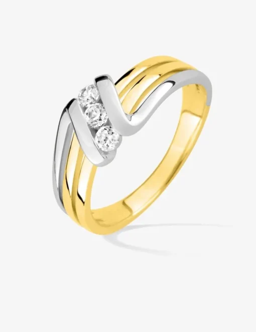 Bague triple anneau plaqué or, rhodium et trilogie oxydes de zirconium SO OR