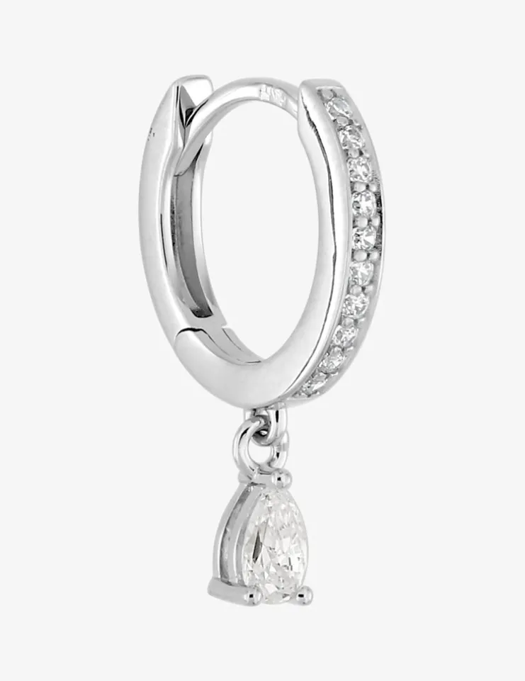 Boucle d'oreille créole à l'unité en argent 925 ‰ rhodié, breloque ovale et oxydes de zirconium SO OR