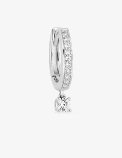 Boucle d'oreille créole à l'unité en argent 925 ‰ rhodié, breloque ronde et oxydes de zirconium SO OR