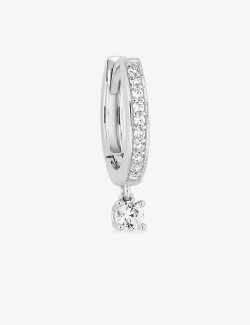 Boucle d'oreille créole à l'unité en argent 925 ‰ rhodié, breloque ronde et oxydes de zirconium SO OR
