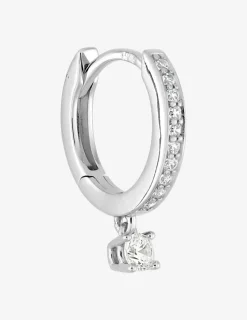 Boucle d'oreille créole à l'unité en argent 925 ‰ rhodié, breloque ronde et oxydes de zirconium SO OR