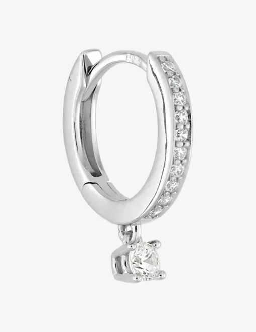Boucle d'oreille créole à l'unité en argent 925 ‰ rhodié, breloque ronde et oxydes de zirconium SO OR