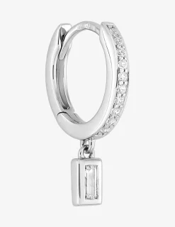 Boucle d'oreille créole à l'unité en argent 925 ‰ rhodié, breloque rectangle et oxydes de zirconium SO OR