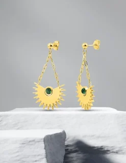 Boucles d'oreilles acier doré avec malachite et petite chaine SO OR