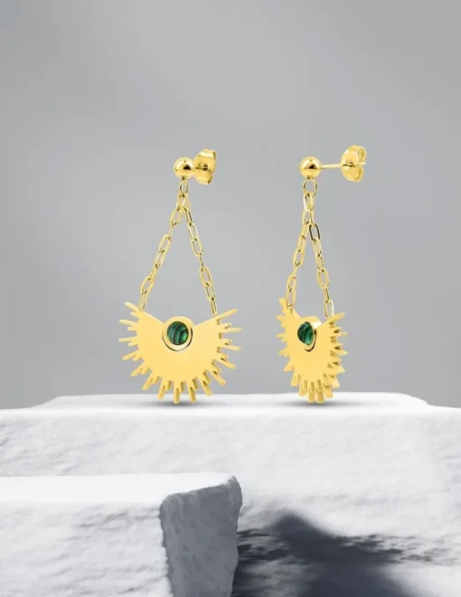 Boucles d'oreilles acier doré avec malachite et petite chaine SO OR