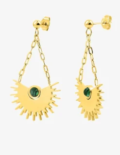Boucles d'oreilles acier doré avec malachite et petite chaine SO OR