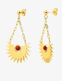 Boucles d'oreilles acier doré avec turquoise rouge et petite chaine SO OR