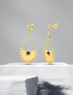 Boucles d'oreilles acier doré avec lapis-lazuli bleu et petite chaine SO OR