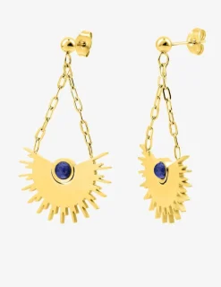 Boucles d'oreilles acier doré avec lapis-lazuli bleu et petite chaine SO OR