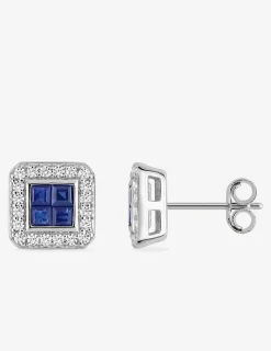 Boucles d'oreilles carré or blanc 750‰, saphir et oxydes de zirconium SO OR
