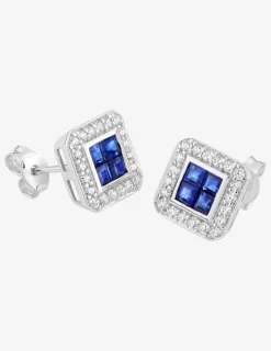 Boucles d'oreilles carré or blanc 750‰, saphir et oxydes de zirconium SO OR