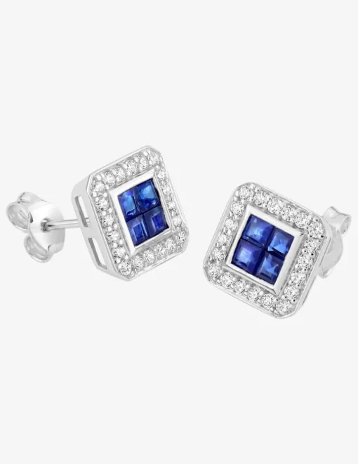 Boucles d'oreilles carré or blanc 750‰, saphir et oxydes de zirconium SO OR