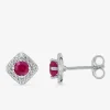 Boucles d'oreilles carré or blanc 375‰, oxydes de zirconium et rubis SO OR