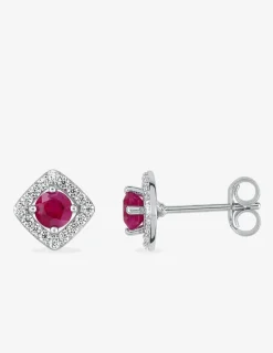 Boucles d'oreilles carré or blanc 375‰, oxydes de zirconium et rubis SO OR