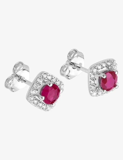 Boucles d'oreilles carré or blanc 375‰, oxydes de zirconium et rubis SO OR