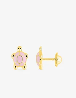 Boucles d'oreilles clou or 750‰ laqué émail tortue rose fantaisie à vis SO OR