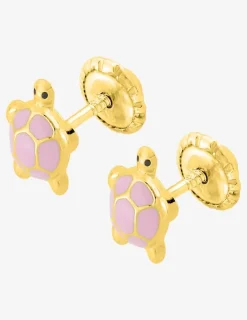Boucles d'oreilles clou or 750‰ laqué émail tortue rose fantaisie à vis SO OR