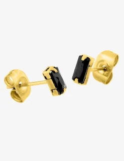 Boucles d'oreilles clous acier doré et oxyde de zirconium noir rectangle SO OR